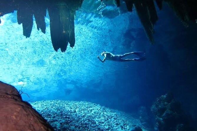 A freediver underwater in a deep blue cenote below a roof of stalactites