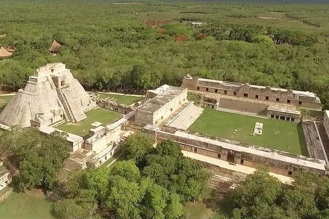 Uxmal from the air, the Nunnery Quadrangle and the Governor's Palace set in dense low forest
